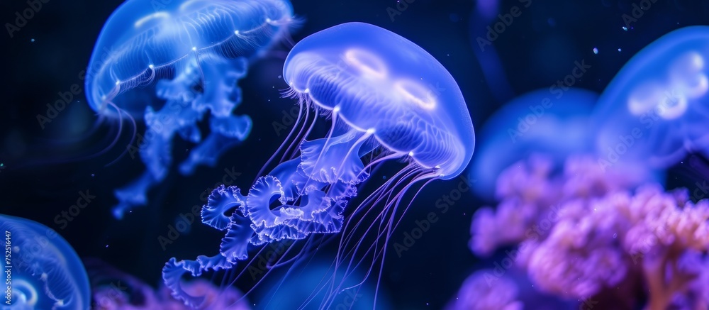 Mesmerizing view of elegant jellyfish gracefully floating in the clear ocean water Mesmerizing view of elegant jellyfish gracefully floating in the clear ocean water
