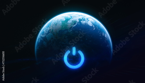 Earth globe with power switch symbol. Earth Hour concept. Earth planet on black background. Elements of this image furnished by NASA