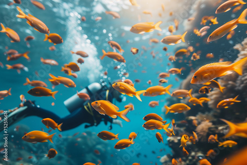 a flock of yellow exotic fish swims in the ocean, a scuba diver is in the background