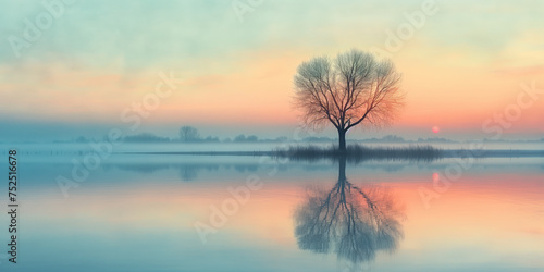Landschaft mit einem Baum, der sich vor einem Himmel nach Sonnenuntergang abhebt und sich in einem ruhigen See spiegelt © Fatih