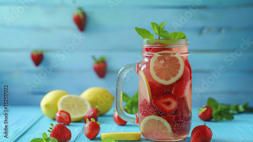 On a blue wooden background, there is a glass jar containing a delightful strawberry-infused refreshing drink
