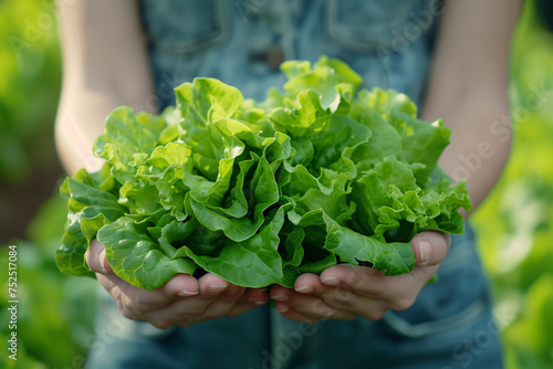 female hands collect juicy lettuce leaves, close up, healthy eating concept