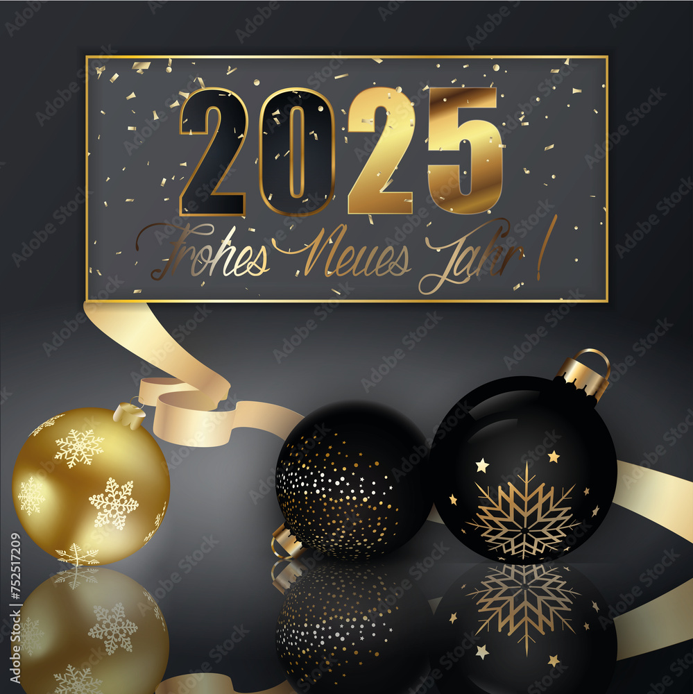 Karte oder Banner, um ein frohes neues Jahr 2025 in Gold und Schwarz zu
