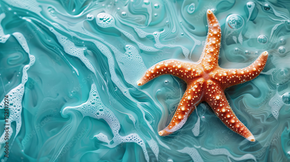 Starfish on the shore of the turquoise ocean, top view Starfish on the shore of the turquoise ocean, top view