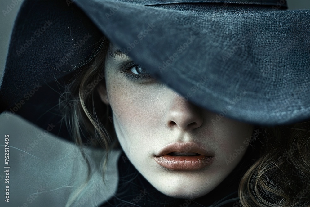 A woman in a hat displays an intense look in an aura of mystery and determination. Woman with a deep expression of emotions and thoughts in a dark gray tone. A woman in a hat displays an intense look in an aura of mystery and determination. Woman with a deep expression of emotions and thoughts in a dark gray tone.