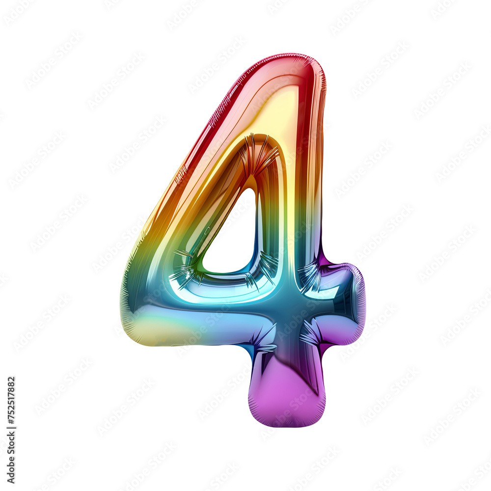 Rainbow metallic number 4 balloon Realistic 3D on white background. Generative AI Rainbow metallic number 4 balloon Realistic 3D on white background. Generative AI