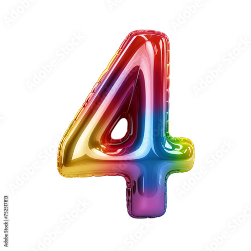 Rainbow metallic number 4 balloon Realistic 3D on white background. Generative AI