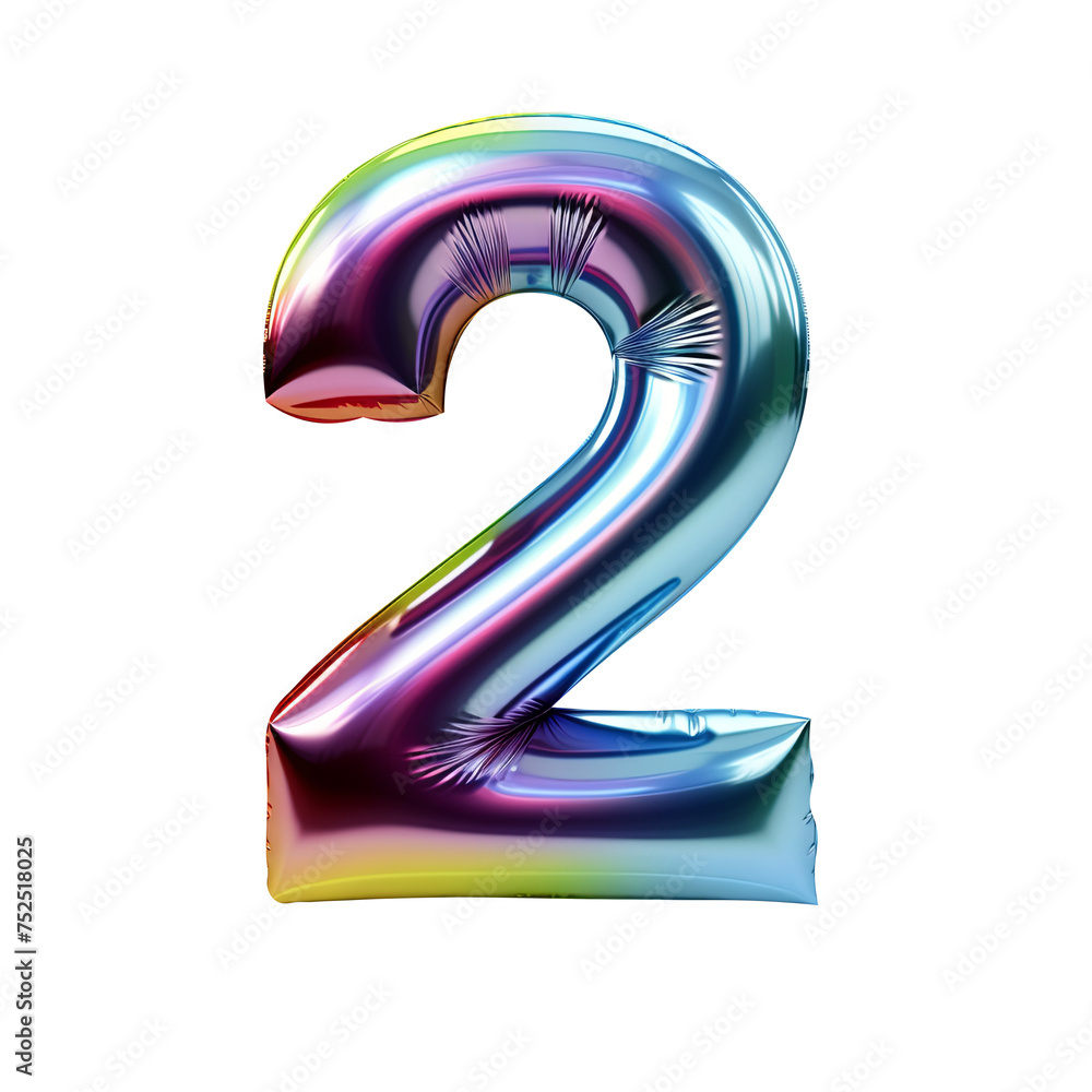 Rainbow metallic number 2 balloon Realistic 3D on white background. Generative AI Rainbow metallic number 2 balloon Realistic 3D on white background. Generative AI