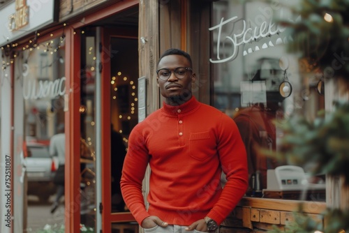 Stylish African American man standing confidently outside a cafe