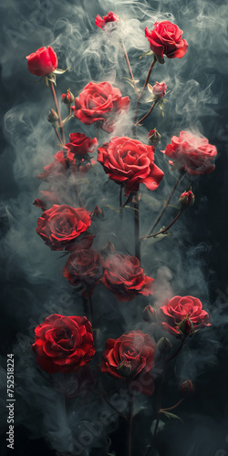 Rote Rosen vor schwarzem Hintergrund mit viel dunklem Rauch zwischen ihren Blütenblättern © Fatih