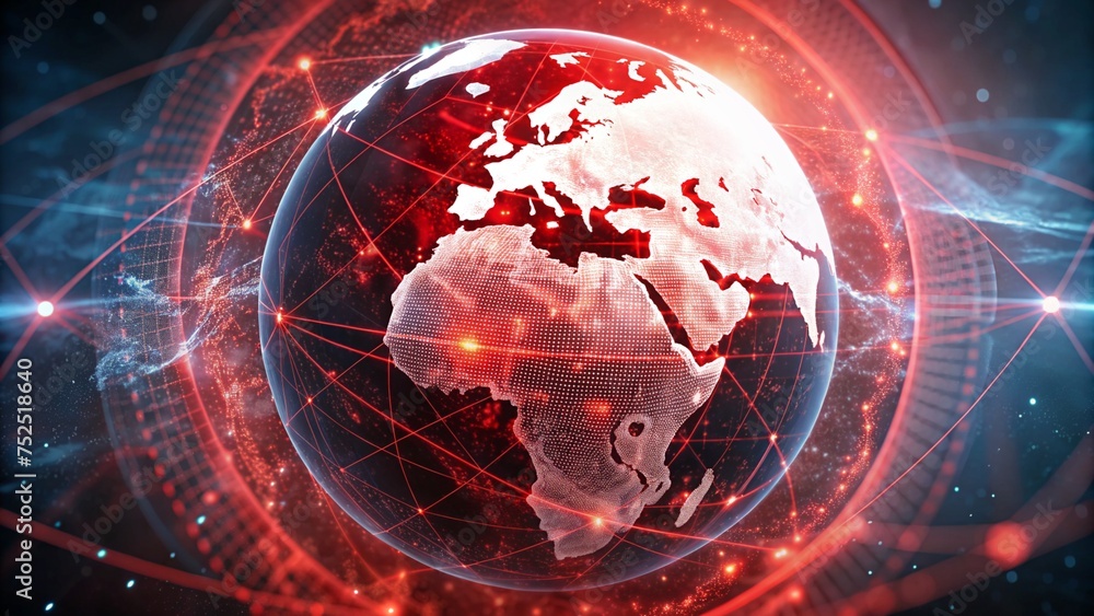 Fototapeta premium Digital world globe centered on Europe, concept of global network and connectivity on Earth, data transfer and cyber technology, information exchange and international telecommunication