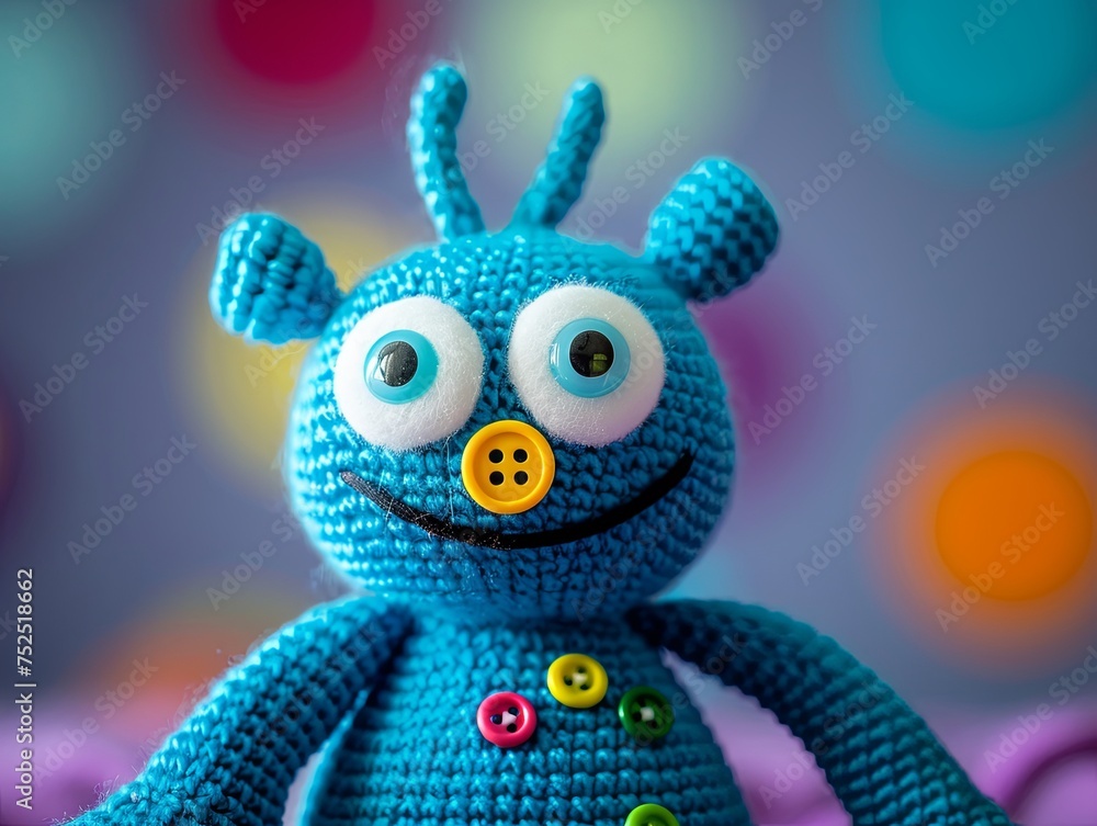 Smiling character as a connected toy. Amigurumi cute monster. Abstract emotional face. Handmade. Illustration for cover, card, interior design, banner, poster, brochure or presentation.