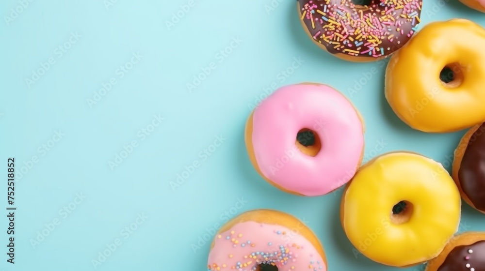 Donuts with top view and pastel color background. Negative space. Generative AI Donuts with top view and pastel color background. Negative space. Generative AI
