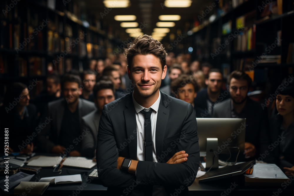 Portrait of a young businessman with his employees behind him. Generative AI. Portrait of a young businessman with his employees behind him. Generative AI.