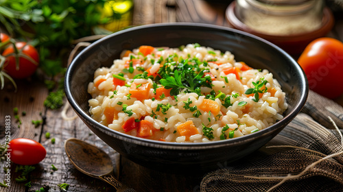 Plate of delicious aromatic risotto on a wooden table with vegetables