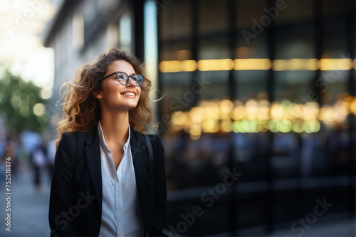 Portrait of a young smiling business woman with glasses on the street of a city. Generative ai image.
