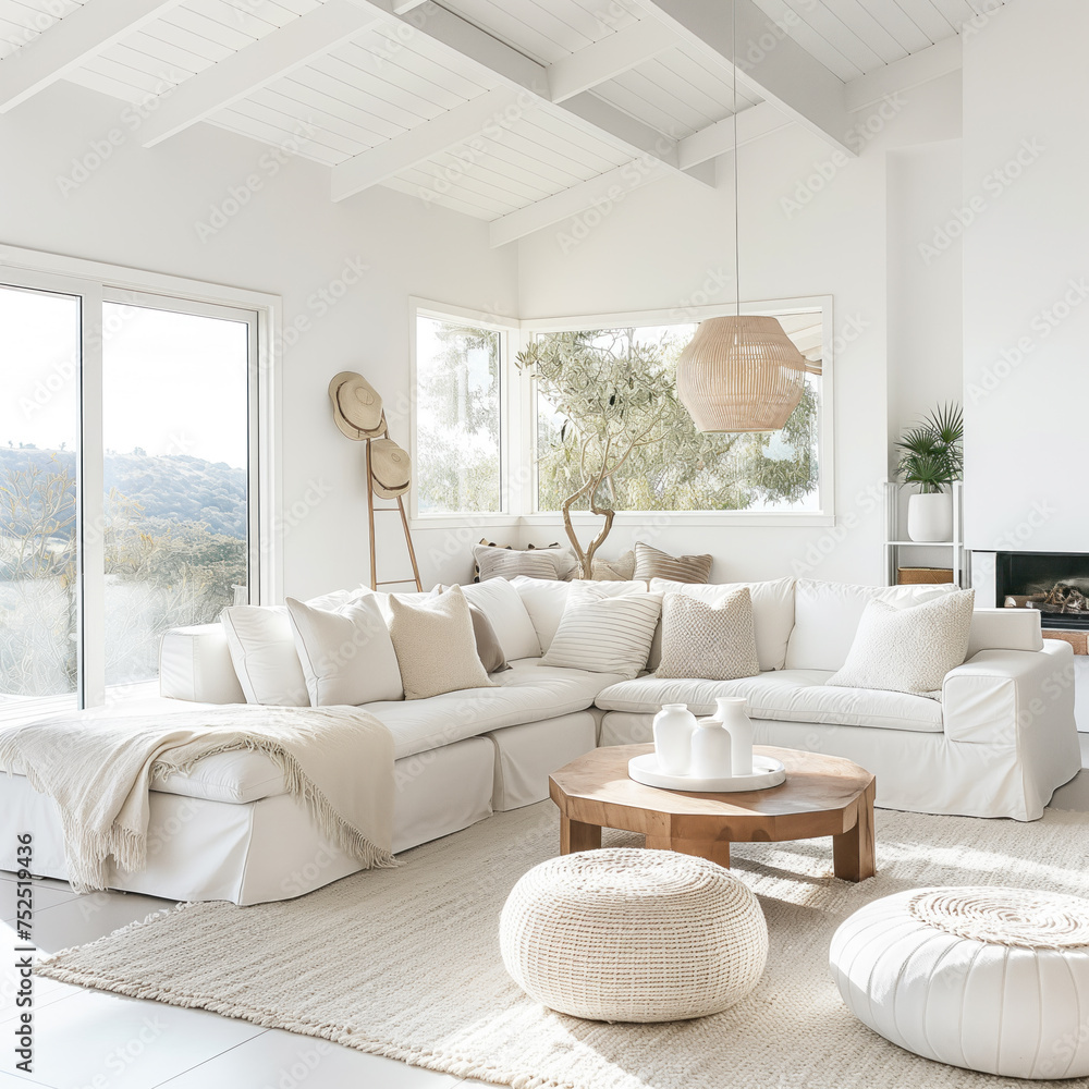 Fototapeta premium Interior design of modern apartment with bright sofa, table home plants and decoration. Interior mockup. Scandinavian interior design. Generative AI