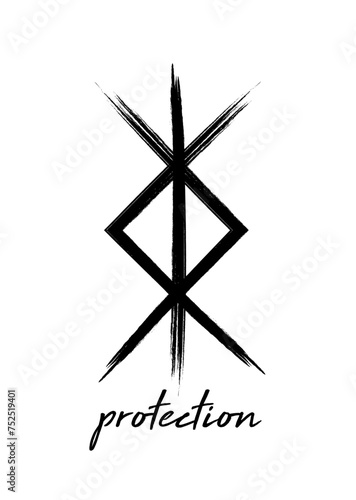 Norse symbol for protection, Nordic viking bind rune magic script tattoo, mystical logo sign in paint brush style vector illustration isolated on white background