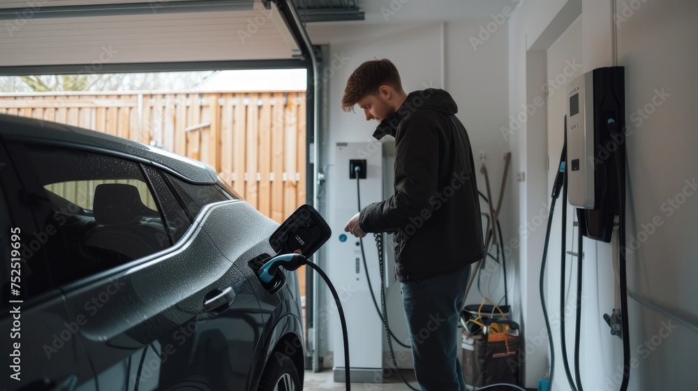 An electrician in work attire is busy setting up an electric vehicle charging station in a residential garage, contributing to sustainable living. AIG41 - obrazy, fototapety, plakaty 