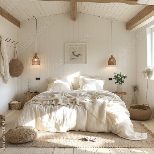 White bedroom interior concept with fabric bed and home decor. Scandinavian interior design. Generative AI