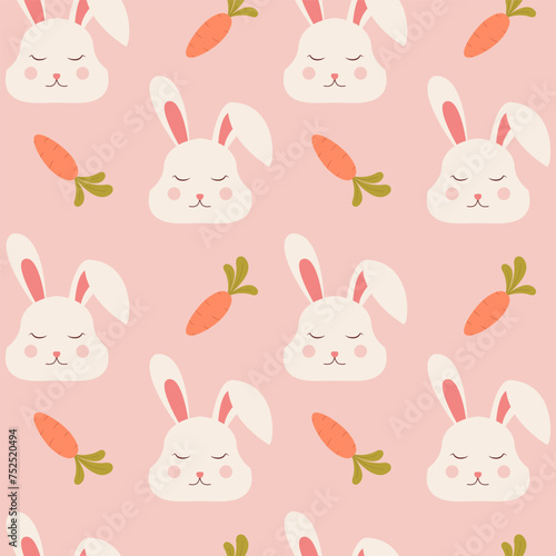 Seamless pattern with rabbit face and carrot. Cute hand drawn illustration. Happy Easter