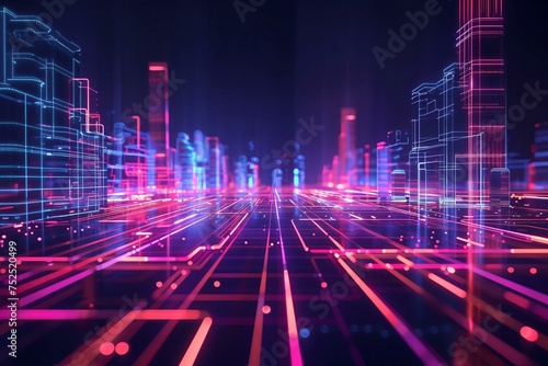 A three dimensional abstract background with neon lines and shapes creating a futuristic cityscape against a dark background
