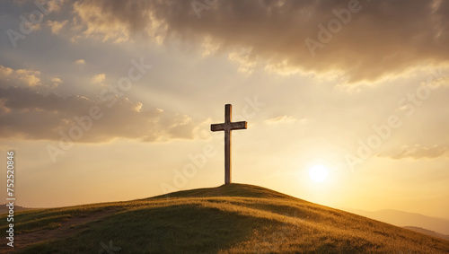 Cross on the hill. Golden hour light. The silhouette of the Christian cross. Free space for text