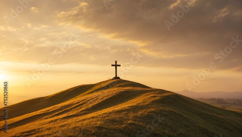Cross on the hill. Golden hour light. Space for text. The silhouette of the Christian cross