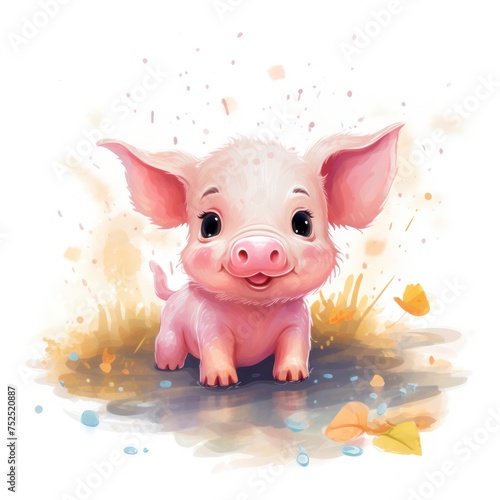 A cute little smiling and happy piglet is standing in the meadow watercolor isolated on white background. Vector illustration © Nico