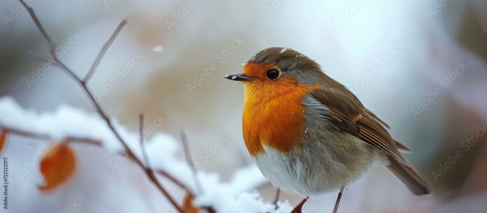 Beautiful bird perched on snowy branch in winter wonderland forest scene Beautiful bird perched on snowy branch in winter wonderland forest scene