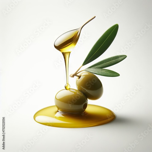 olive oil and olives on white