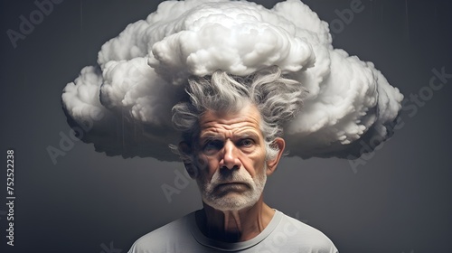 A surreal photo of a man with his head literally in the clouds symbolizes deep contemplation amidst tragedy and confusion photo