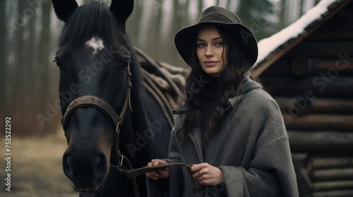 A brunette woman in a hat and riding clothes stands next to a black horse on a farm.