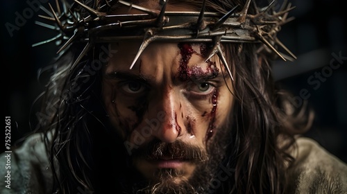 Intense closeup captures Jesus in agony, bloodied from crucifixion, wearing a crown of thorns, evoking profound emotion and reverence © Stacy