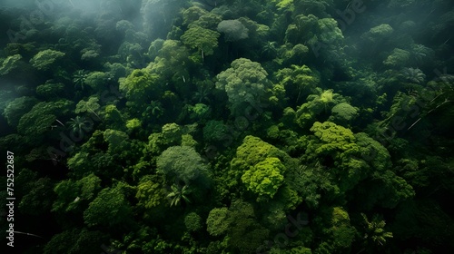 Wide-angle aerial view of a lush rainforest river, showcasing vibrant greenery and serenity.