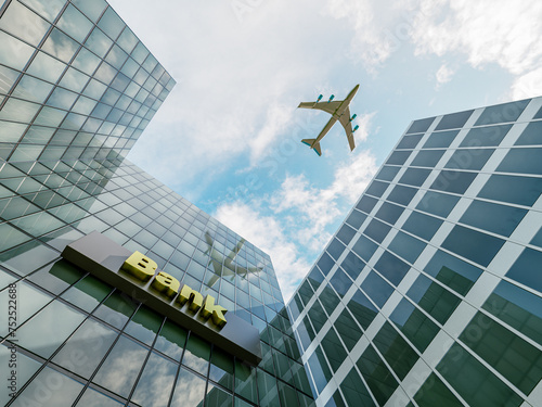 3D rendering of big airplane flying over modern bank buildings with glass pane facades 