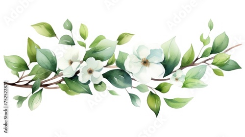 floral branch with green leaves. Watercolor Vector illustration