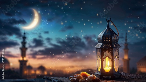 Ramadan-Nacht: Orientalische Laterne, Mond und Sterne, Moschee im Hintergrund