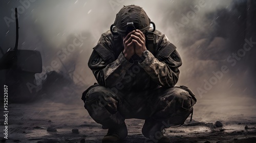 A poignant photo captures the silent struggle of an adult soldier grappling with PTSD, bowing his head with clasped hands, battling inner demons. © Stacy