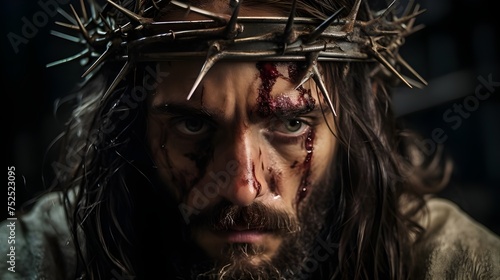 Intense closeup captures Jesus in agony, bloodied from crucifixion, wearing a crown of thorns, evoking profound emotion and reverence. © Stacy