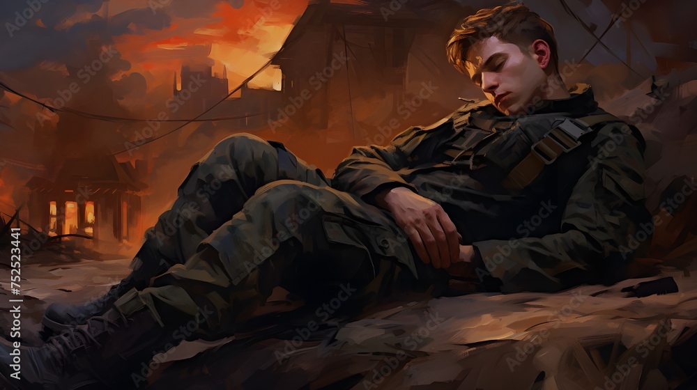 A poignant photo captures the silent struggle of an adult soldier grappling with PTSD, bowing his head with clasped hands, battling inner demons. A poignant photo captures the silent struggle of an adult soldier grappling with PTSD, bowing his head with clasped hands, battling inner demons.