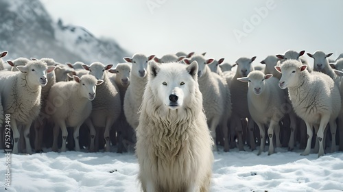 A European wolf stares into the camera, behind him a flock of sheep, symbolizing captivity and oppression in the predator-prey relationship