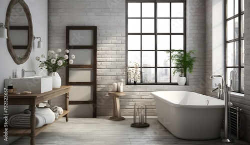 A serene and modern bathroom with white brick walls  an elegant bathtub  and wooden flooring  creating a calm and relaxing atmosphere.