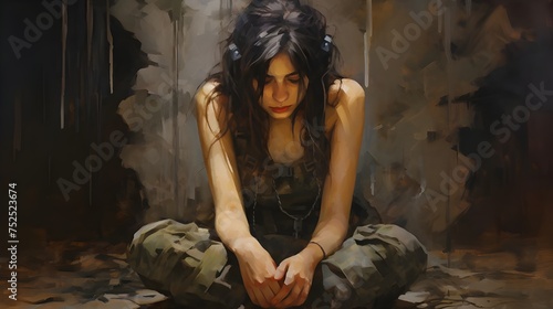 A poignant photo portrays the silent anguish of a female soldier battling PTSD, head bowed and hands clasped, wrestling with inner demons. photo