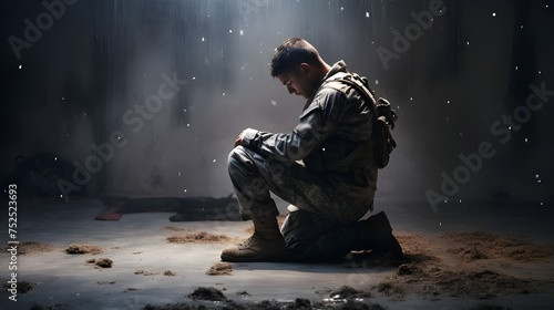 A poignant photo captures the silent struggle of an adult soldier grappling with PTSD, bowing his head with clasped hands, battling inner demons. photo
