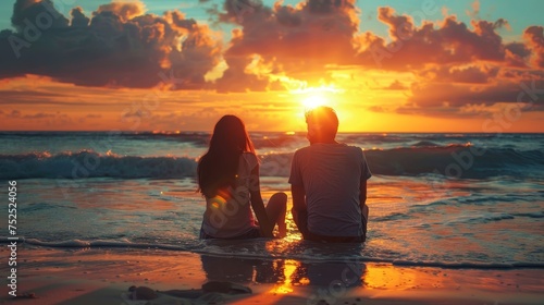 Love couple watching sunset together on beach