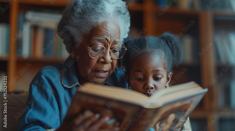 Generational Bonding Over Books, tender moment as an elderly woman and a young girl, possibly grandmother and granddaughter, are immersed in a storybook, showcasing intergenerational learning