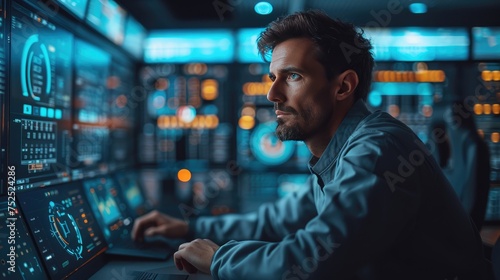 Focused Security Expert in High-Tech Control Room, male security specialist intensely monitors data on multiple screens in a high-tech, neon-lit control room, epitomizing cutting-edge surveillance