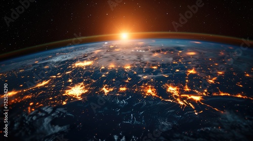 Fiery Earth from Space at Sunset, awe-inspiring image depicting Earth from space as the sun sets, casting a fiery glow over the interconnected network of city lights, symbolizing global communication 