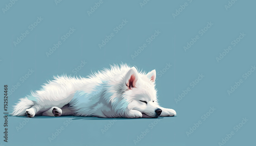 White spitz watercolor portrait painting. Illustrated dog puppy, isolated on blue background. - obrazy, fototapety, plakaty 